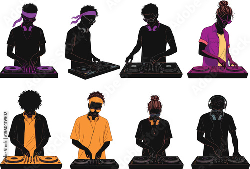 DJ silhouette illustration set, music mixing performance, nightclub party culture, electronic dance entertainment vector collection