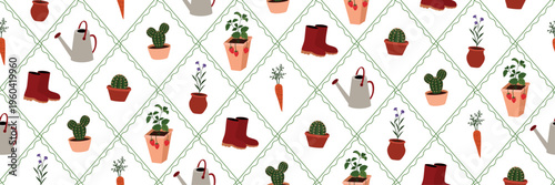 Cute gardening seamless pattern. With gardening tools and plants. Vector illustration for wallpaper and background.