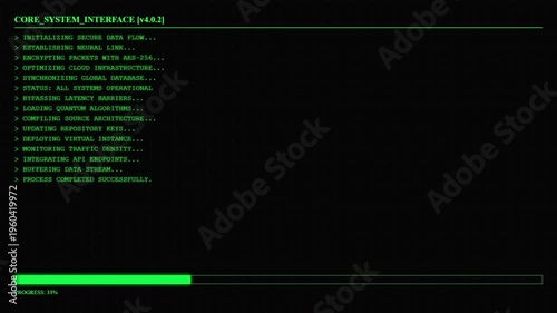 Core System Interface Digital Green Terminal with Processing Data Flow and Success Message Animation for Cyber Technology Background.