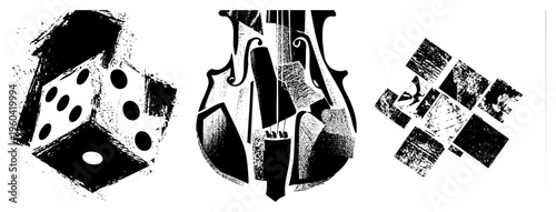 Fragmented geometric shapes, stylized dice, violin silhouette, scattered squares with halftone. Cubist, bold black strokes. Modern graphic design.