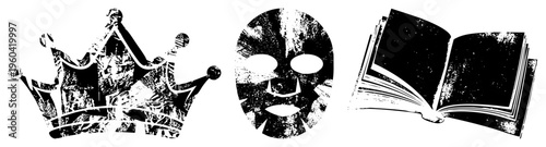 Crown symbolizing, face mask for skincare, open book representing knowledge all in distressed black and white vector art. Synonyms regal crown, skincare mask, open tome.