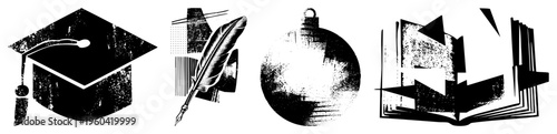 Educational symbols including graduation cap, quill pen, decorative bauble, and open book, vector for academic or festive contexts.