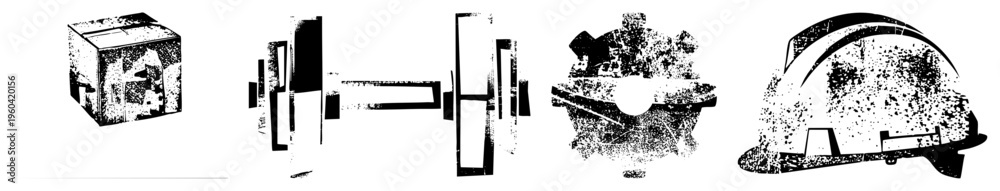 Fototapeta premium Geometric machinery and tools rendered in halftone style, gritty textures, industrial design, vector cutout elements, mechanical components, abstract engineering forms.