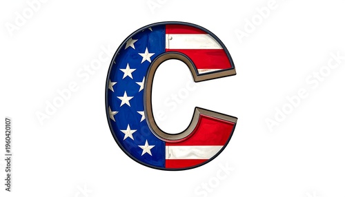 An uppercase letter, partially filled with elements from an American flag. It has blue stars and red and white stripes. A wooden border outlines the letter