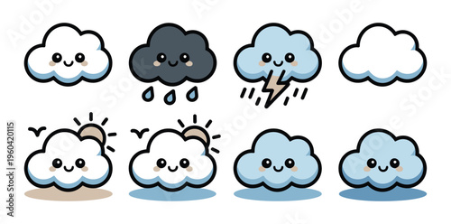 Cute cartoon weather icon vector set, cloud types and weather conditions with sun, rain, storm, and snow for kids apps, forecast UI, and playful climate design