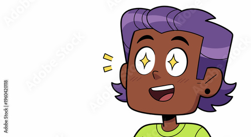 A cartoon character with purple hair and a green shirt smiles excitedly indoors.