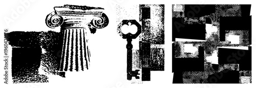 Vintage architectural column with Ionic capital, ornate antique key, abstract halftone geometric shapes. Vector cutout designs for graphic design, print, or digital art.