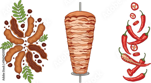 Shawarma and Spicy Chili Food Vector Set Featuring Meat Skewers, Chili Peppers, and Flavorful Seasonings for Culinary Designs