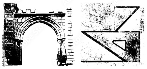 Medieval stone archway with crenellated battlements, textured masonry, and geometric Z shaped overlay, vector illustration with halftone grain.