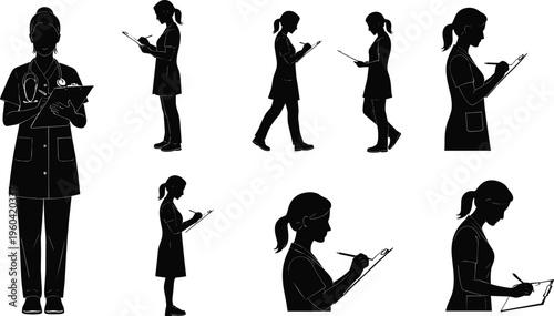 Doctor silhouette, medical clipboard, healthcare worker, hospital job, physician pose, nurse uniform, clinical work, professional occupation