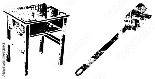 Classic wooden desk with drawer, workbench furniture, tool storage, workshop equipment, black and white vector graphic, distressed texture.