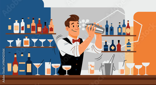 Man mixing drink behind bar with bottles and glasses on shelves