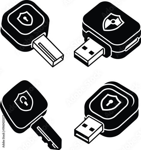Isometric Security Hardware Key and USB Data Protection Vector Icons Set for Cybersecurity