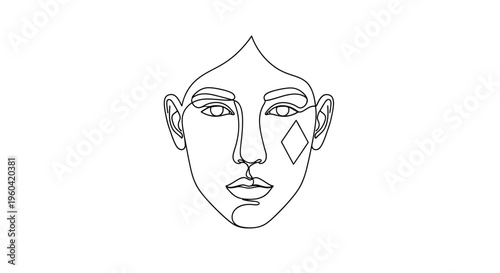 Minimalist single line drawing of a face with a diamond shape on cheek, abstract art