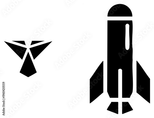Black vector with fins and nozzle, minimalist triangle logo, space travel symbols, aerospace design, digital.