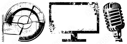 Retro equipment, vintage microphone, old school monitor, turntable stylus, classic recording gear, black and white vector design, grunge texture.