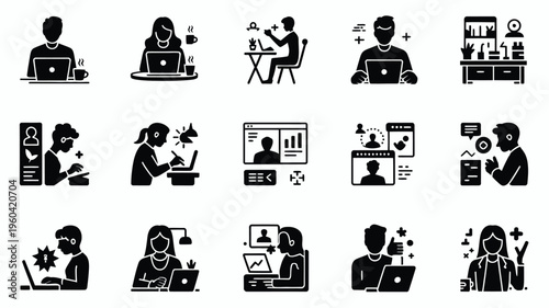 Black vector icons depicting people working remotely with laptops and collaborating online in a modern digital workspace