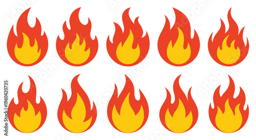 Flame icon collection, stylized fire symbols, burning fire graphics, heat or energy representation, and safety or warning concept vector
