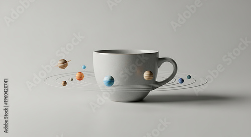 Minimalist 3D illustration of a white coffee cup surrounded by planets in orbit on a plain gray background. Creative concept merging a daily morning routine with the scale of the solar system for life