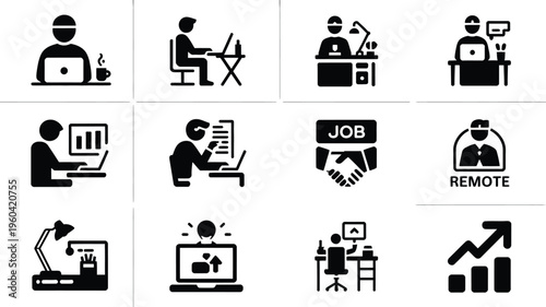 Vector illustration of various office and remote work icons including people working on laptops and computers with job and business concepts