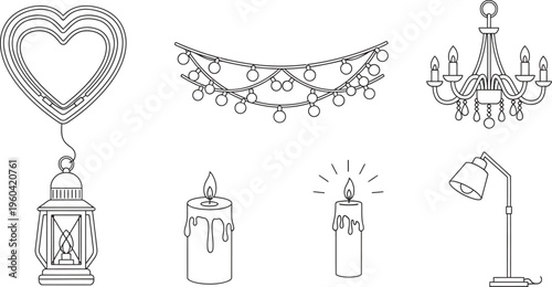 Collection of outline vector decorative lighting elements including candles lamps and festive string lights perfect for home decor and celebration designs