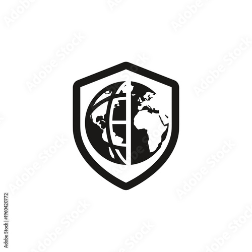 Shield with globe logo symbol.