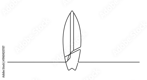 Minimalist Single Line Drawing of a Surfboard Standing on a Horizon Line