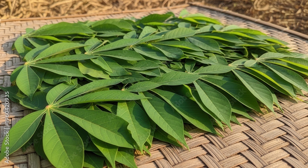 Obraz premium Abundant Fresh Cassava Leaves Artfully Arranged On Woven Mat
