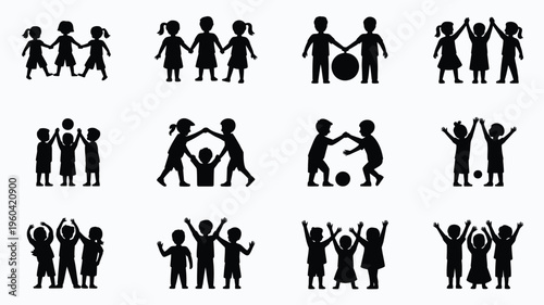 Collection of black silhouette icons depicting children playing and interacting in various fun activities