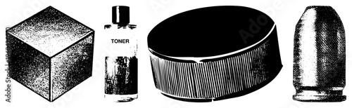 Geometric cube, printer toner cartridge, hockey puck, bullet, halftone vector set, isolated graphic elements, design.