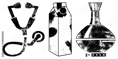 Black and white grunge vector set of medical stethoscope, dairy carton, and lab flask, isolated on transparent background, ideal for healthcare, nutrition, or science themes.