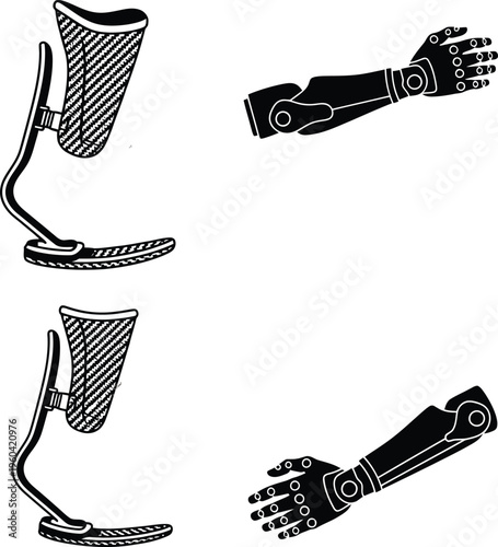 Set of Prosthetic Limb Vector Illustrations including Bionic Arms and Athletic Running Blades