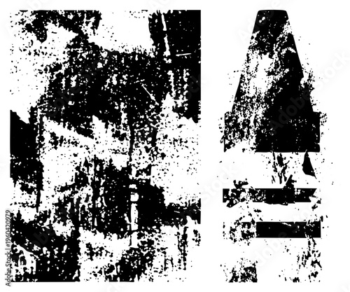 Abstract urban decay textures with spray paint splatter, gritty street art, weathered concrete surfaces, traffic cone cutout, stencil graffiti aesthetic, high contrast design.