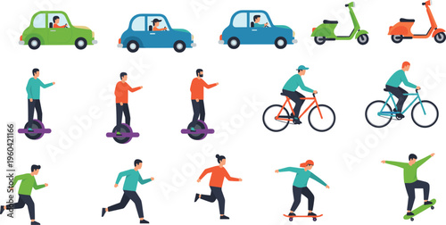 Urban transport icons set with car, scooter, bicycle, skateboard, unicycle and running people, flat vector illustration collection design
