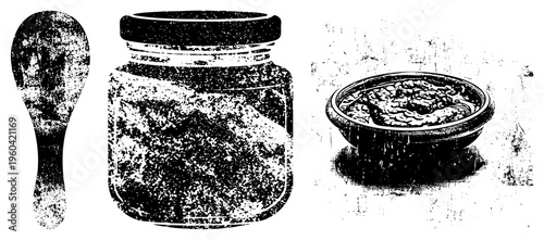 Retro halftone graphic showing wooden spoon, glass jar with preserved food, and ceramic bowl with textured stew. Artistic print with grainy texture.