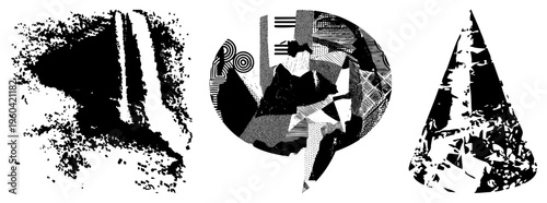 Fragmented circular and conical forms with bold halftone textures, abstract graphic design, vector art, composition, modern art style.