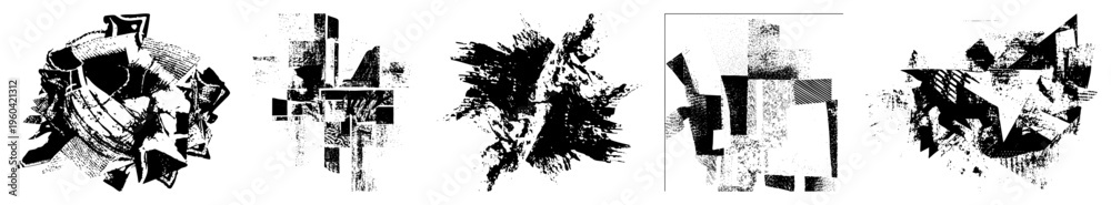 Obraz premium Fragmented geometric shapes in stark black and white, halftone texture, vector graphic, abstract composition, isolated elements, graphic design motif.