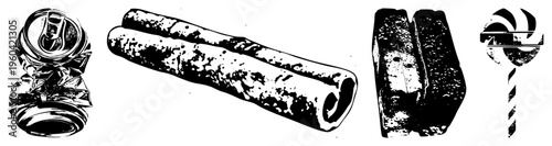 Black and white vector illustrations of crushed beverage can, vintage cigar tubes, weathered brick piece, and striped lollipop, all isolated with halftone texture.