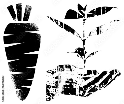 Organic gardening symbol, hand nurturing plant, vegetable, farm life, sustainable agriculture, eco friendly food, root to table concept.