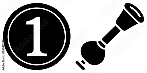 Black and white vector graphic showing numeral one inside circle alongside paintbrush, design element, digital illustration, creative tool.