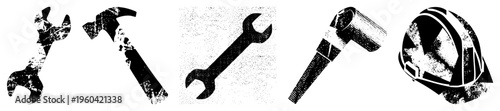 Wrench, hammer, spanner, mallet, hard hat with distressed halftone texture, isolated vector for repair or labor contexts.