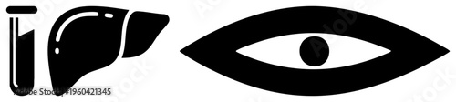 Black vector representing medical science, organ health, and vision care test tube, liver, eye isolated symbols for healthcare design.