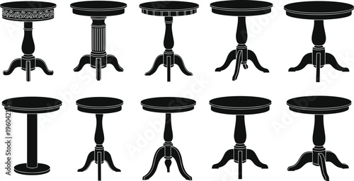 Classic round table silhouettes collection, vintage pedestal furniture designs, elegant wooden style, traditional interior decor elements, isolated illustration set
