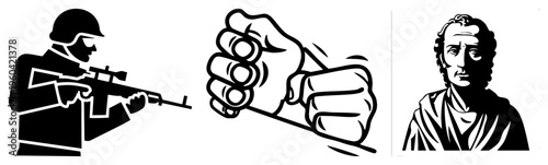 Silhouette soldier aiming rifle, clenched fist symbolizing power, classical portrait bust, all in flat vector style, isolated foreground elements.