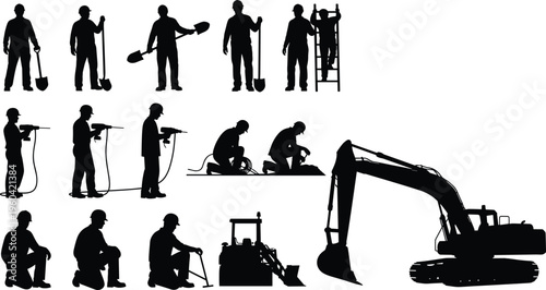 Construction worker silhouettes with tools and machinery, drilling digging excavation tasks, industrial labor set, heavy equipment operator illustration isolated design