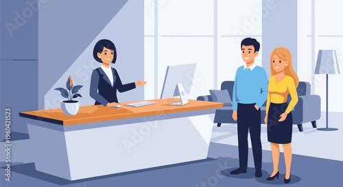 Businesswoman discusses with couple in modern office interior setting
