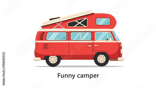 Red and white vintage camper van with a pop-up roof tent designed for adventure travel and outdoor camping vacations on the road.