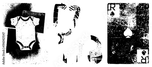 Grungy halftone print of spade card, baby onesie, and fragmented geometric shapes, stylized vector art, isolated elements with gritty texture.