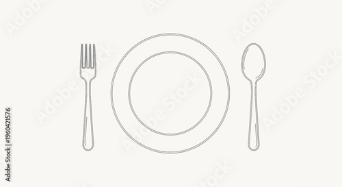 Minimalist Line Art: Plate, Fork, and Spoon Set on White Background