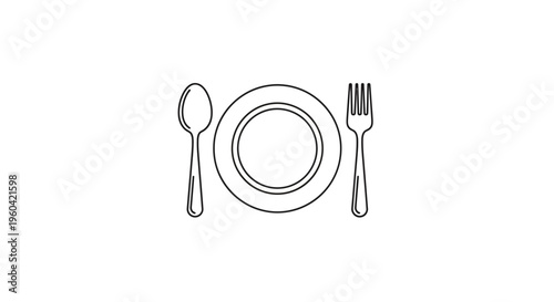 Minimalist Line Art: Plate, Spoon, and Fork - Simple Dining Setup
